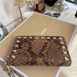 MICHAEL Michael Kors Brown Wallet with Snakeskin Print and Gold Studs